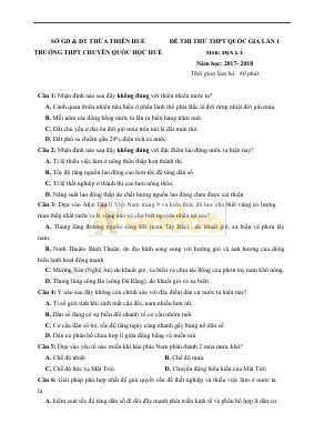 Đề thi thử THPT 2018 môn Địa lý trường THPT chuyên Quốc học huế