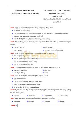 Đề thi thử THPT 2018 môn Địa lý trường THPT chuyên Hưng yên
