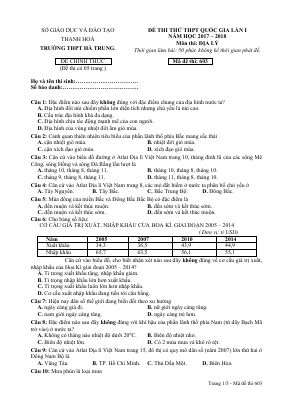Đề thi thử THPT 2018 môn Địa lý trường THPT Hà Trung