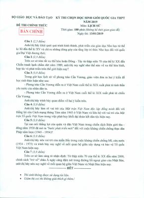 Đề thi học sinh giỏi THPT quốc gia môn Sử năm 2019 chi tiết