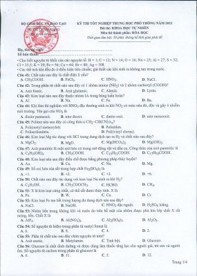 Đề thi tham khảo kỳ thi THPT Quốc Gia Môn Hóa Học năm 2022 của Bộ Giáo Dục và Đào Tạo có hướng dẫn giải chi tiết