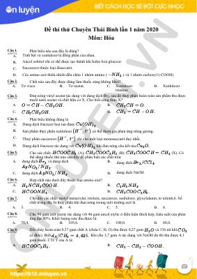 Đề thi thử Chuyên Thái Bình lần 1 năm 2020 môn Hóa