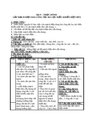 Giáo án Công nghệ 9 bài 9 Thực hành - Lắp mạch điện hai công tắc ba cực điều khiển một đèn
