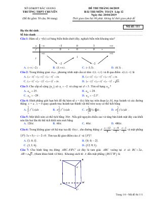 Đề thi tháng 042019 môn Toán 12 trường THPT chuyên Bắc Giang
