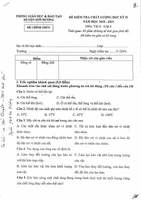 Đề kiểm tra chất lượng học kì 2 môn vật lý lớp 6 năm 2018 - 2019 phòng GDĐT huyện sơn dương