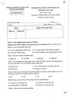Đề thi học kì 1 môn Vật lý lớp 7 năm 2018 - 2019 huyện Sơn Dương có đáp án