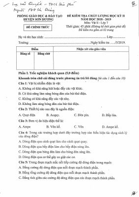 Đề kiểm tra chất lượng học kì 2 môn Vật Lý lớp 7 năm 2018 - 2019 phòng GDĐT huyện Sơn Dương