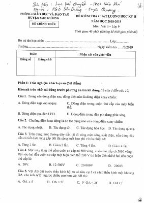 Đề kiểm tra chất lượng học kì 2 môn Vật lý lớp 9 năm 2018 - 2019 phòng GDĐT huyện sơn dương