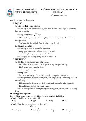 Đề cương ôn tập môn Toán  lớp 9 Trường THCS Giảng Võ năm 2021 - 2022