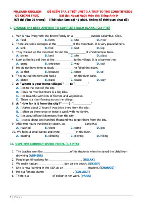 Đề kiểm tra 1 tiết unit 3 a trip to the countryside môn tiếng anh lớp 9 của mr sanh english