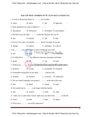 120 Bài tập trắc nghiệm từ vựng Tiếng Anh ôn thi vào lớp 10 có đáp án