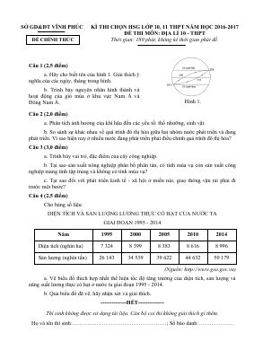 Đề thi học sinh giỏi môn Địa lý lớp 10 năm 2016 sở Vĩnh Phúc