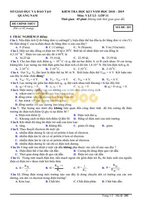 Đề thi học kì 1 môn Vật lý lớp 11 sở Quảng Nam có đáp án - Mã 201