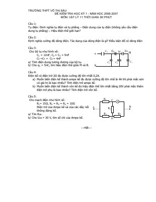 Đề thi học kì 1 môn Vật lý lớp 11 năm 2006 THPT Võ Thị Sáu có đáp án