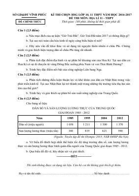 Đề thi học sinh giỏi môn Địa lý lớp 11 năm 2016 sở Vĩnh Phúc