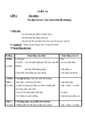 Giáo án Âm nhạc 2 bài 24 Ôn tập hát Chú chim nhỏ dễ thương
