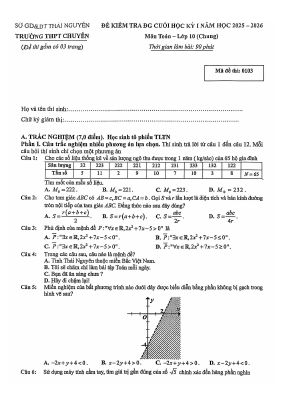 Đề cuối học kỳ 1 Toán 10 năm 2025 - 2026 trường THPT chuyên Thái Nguyên