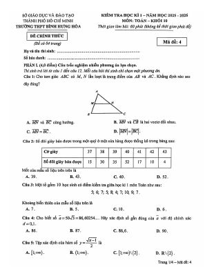 Đề học kì 1 Toán 10 năm 2025 - 2026 trường THPT Bình Hưng Hòa - TP HCM