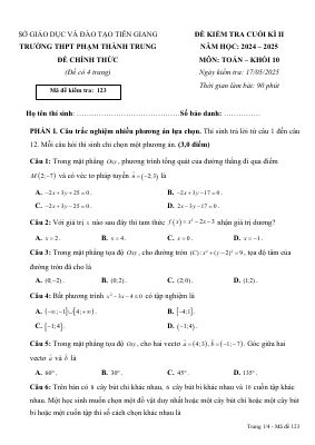 Đề cuối kì 2 Toán 10 năm 2024 - 2025 trường THPT Phạm Thành Trung - Tiền Giang