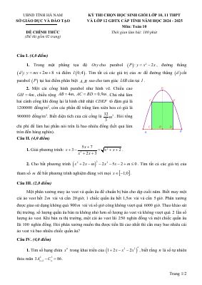 Đề chọn học sinh giỏi tỉnh Toán 10 năm 2024 - 2025 sở GDĐT Hà Nam