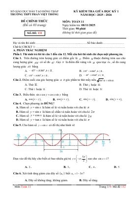 Đề giữa kỳ 1 Toán 11 năm 2025 - 2026 trường THPT Phan Việt Thống - Đồng Tháp