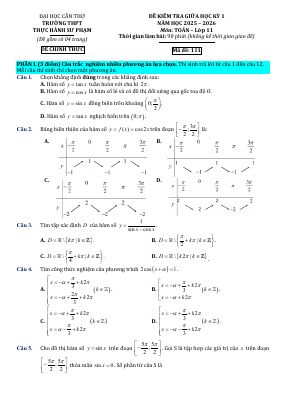 Đề giữa kỳ 1 Toán 11 năm 2025 - 2026 trường THPT Thực hành Sư phạm - Cần Thơ