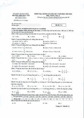 Đề giữa kì 1 Toán 11 năm 2025 - 2026 trường THPT Duy Tân - Quảng Ngãi