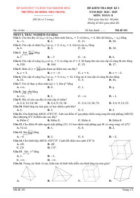 Đề cuối học kỳ 1 Toán 11 năm 2024 - 2025 trường Ischool Nha Trang - Khánh Hòa