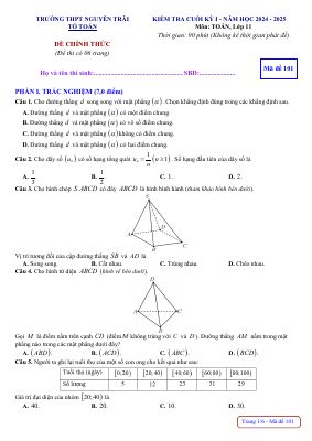 Đề cuối học kỳ 1 Toán 11 năm 2024 - 2025 trường THPT Nguyễn Trãi - Quảng Bình