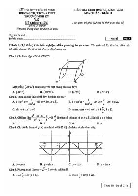 Đề cuối học kì 1 Toán 11 năm 2025 - 2026 trường Trương Vĩnh Ký - TP HCM
