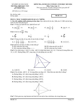 Đề cuối kì 1 Toán 11 năm 2025 - 2026 trường THPT Duy Tân - Quảng Ngãi