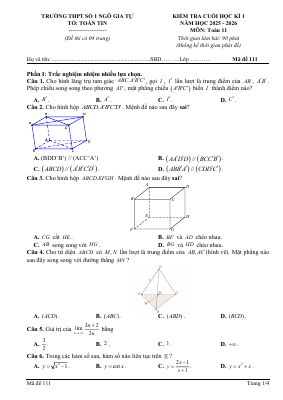 Đề cuối học kì 1 Toán 11 năm 2025 - 2026 trường THPT Ngô Gia Tự 1 - Đắk Lắk