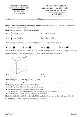 Đề cuối kỳ 1 Toán 11 năm 2025 - 2026 trường THPT Thanh Miện - Hải Phòng
