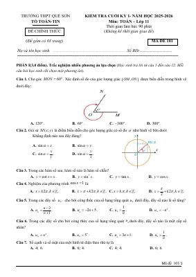 Đề cuối kỳ 1 Toán 11 năm 2025 - 2026 trường THPT Quế Sơn - Đà Nẵng