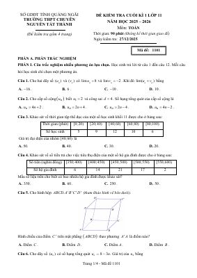 Đề cuối kì 1 Toán 11 năm 2025 - 2026 trường chuyên Nguyễn Tất Thành - Quảng Ngãi