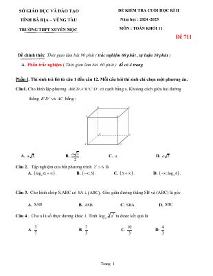 Đề cuối học kỳ 2 Toán 11 năm 2024 - 2025 trường THPT Xuyên Mộc - BR VT