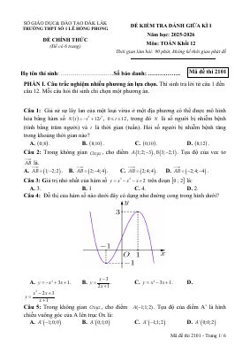 Đề giữa kì 1 Toán 12 năm 2025 - 2026 trường THPT Lê Hồng Phong 1 - Đắk Lắk