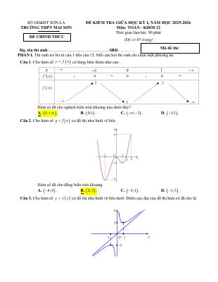 Đề giữa học kỳ 1 Toán 12 năm 2025 - 2026 trường THPT Mai Sơn - Sơn La