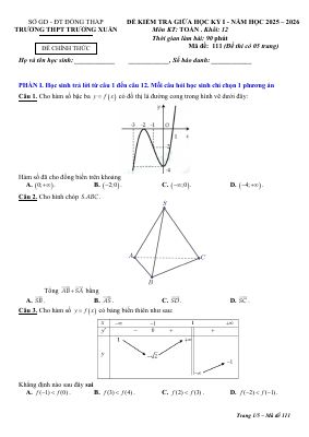 Đề giữa học kỳ 1 Toán 12 năm 2025 - 2026 trường THPT Trường Xuân - Đồng Tháp