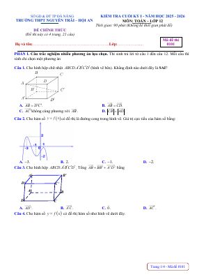 Đề cuối kỳ 1 Toán 12 năm 2025 - 2026 trường THPT Nguyễn Trãi - Đà Nẵng