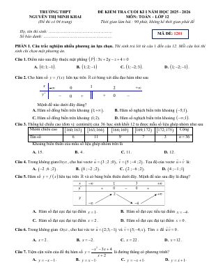 Đề cuối kì 1 Toán 12 năm 2025 - 2026 trường THPT Nguyễn Thị Minh Khai - Hà Tĩnh
