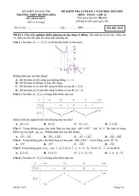 Đề cuối kỳ 1 Toán 12 năm 2025 - 2026 trường THPT Hướng Hóa - Quảng Trị