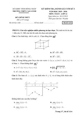 Đề cuối kỳ 1 Toán 12 năm 2025 - 2026 trường THPT Cao Lãnh - Đồng Tháp