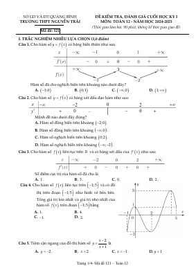 Đề cuối học kỳ 1 Toán 12 năm 2024 - 2025 trường THPT Nguyễn Trãi - Quảng Bình