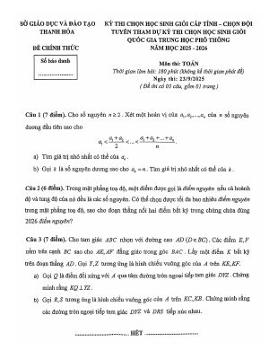 Đề chọn học sinh giỏi tỉnh Toán THPT năm 2025 - 2026 sở GDĐT Thanh Hóa