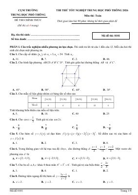 Đề thi thử TN THPT 2026 môn Toán lần 2 trường chuyên Phan Bội Châu - Nghệ An