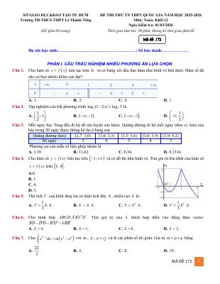 Đề thi thử TN THPT 2026 môn Toán trường Lê Thánh Tông - TP HCM