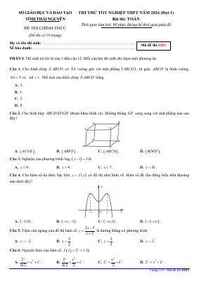 Đề thi thử tốt nghiệp THPT 2026 môn Toán đợt 1 sở GDĐT Thái Nguyên
