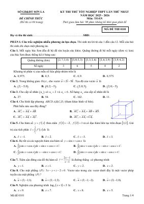 Đề thi thử tốt nghiệp THPT 2026 môn Toán lần 1 sở GDĐT Sơn La