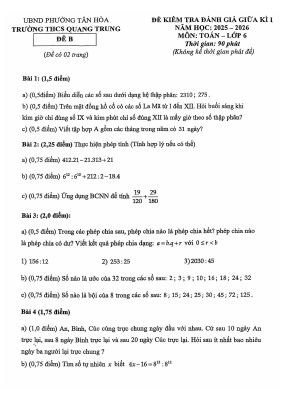 Đề giữa kì 1 Toán 6 năm 2025 - 2026 trường THCS Quang Trung - TP HCM